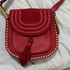 Chloe Red Crossbody Bag with Tassel and Gold Studs